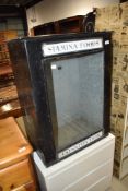 A vintage industrial shop cabinet , labelled to top , The Robson Display bin and to front Stamina