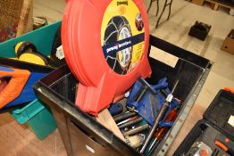 A box of assorted tools etc including vices and snow chains