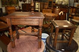 Two oak occasional tables.stools, one with canework top