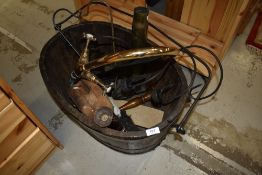 A selection of various items including pail, brass mixer tap etc