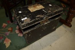 A vintage deed box, approx 36 x 26 x 25cm, lock damaged