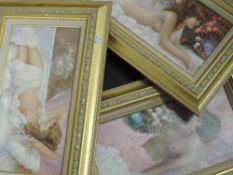 Three oil paintings, Lucia Sacto, nudes with flowers, indistinctly signed, 39 x 19cm and 19 x