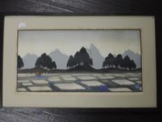 A print, woodcut, after Lilian Miller, landscape, signed and dated 1928, 22 x 43cm, plus frame and