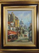 An oil painting, Parisian street scene, indistinctly signed, 23 x 18cm, plus frame