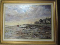 An oil painting on board, Gill Shaw, Reflected Light Sunderland Point, signed, 43 x 59cm, plus