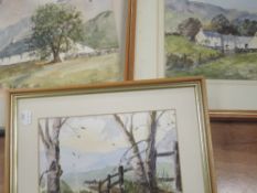 Three watercolours, Beryl Derbyshire, country landscapes, signed, 25 x 35cm (2) and 17 x 24cm,