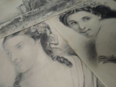 Three sketches, W Gilbert, inc Victorian beauties, dated 1873/4, 45 x 36cm, and a selection of