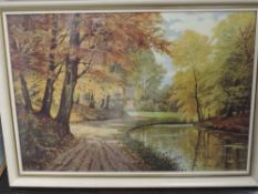 A print, autumnal woodland, 55 x 77cm, plus frame and glazed