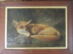 An oil painting on board, John Green, fox in wood, indistinctly signed and dated 1886, 30 x 44cm,