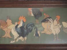 A print, playful cockerels, 27 x 71cm, plus frame and glazed