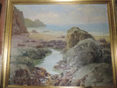 An oil painting, Margaret Waller, coastal rocks, 50 x 60cm, framed