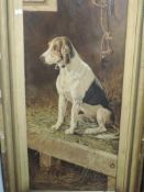 An oil painting, E O M, stable hound, initialled, and dated 1903, 92 x 37cm, plus frame