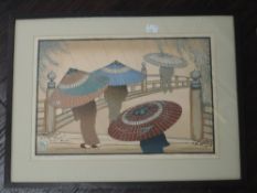 A print, woodcut, after Lilian Miller, Rain Blossoms Japan Edition B, signed and dated 1928, 22 x