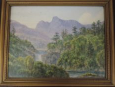 A watercolour, W T Longmire, River Brathay at Skelwith and Langdale Pikes, signed and dated 1898, 15