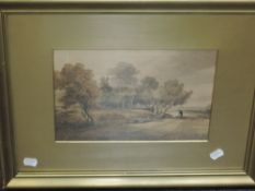 A watercolour, attributed to F Smith, A Stream with Peasant under a Tree, attributed verso, 20 x