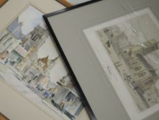 A watercolour, Dorchester, indistinctly signed, 28 x 37cm, plus frame and glazed, and an