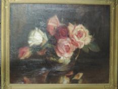 An oil painting, Kate Wylie, still life roses, signed, 40 x 50cm, plus frame