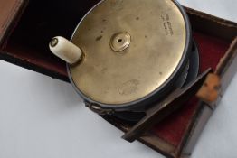 Hardy stunning brass faced perfect 4' fly reel with fitted leather case strap to case is broken