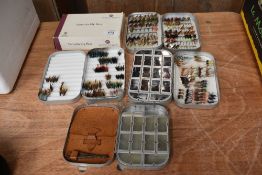 5 fly fishing boxes including a hardy Neroda box in its original sleeve containing a vast