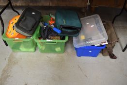 Three large boxes of assorted fishing tackle and a wychwood fishing bag with contents
