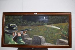 An oil on canvas signed W Hobson depicting shooting foxes by lamplight