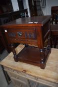 An oak Priory style (Wood Bros) occasional low table with drawer, width approx. 46cm