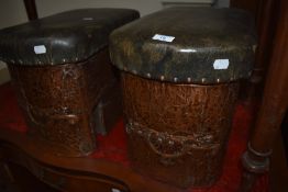 A pair of Antique copper lined and leather topped club fender ends , with internal storage