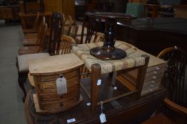 A selection of occasional items including specimen style drawers, stool and turned mahogany stand