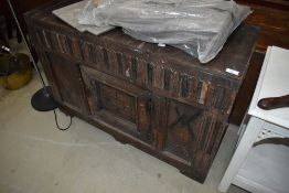 An antique court cupboard base or similar , of small proportions, possibly low countries
