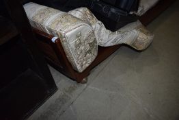 A vintage stained frame drop end settee with bergere canework and later cushions etc