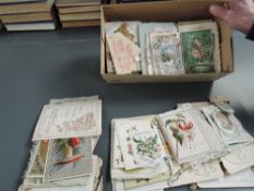 A box of mainly Victorian/Edwardian Greeting Cards, Christmas, New Year and Birthday Cards, all in