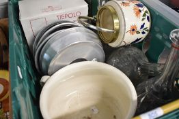 A selection of ceramics and glass wares including biscuit barrel and decanters