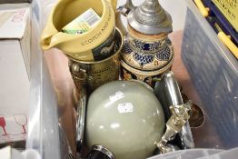 A vintage Globe Master soda siphon, a silver plated sugar helmet with shovel, German stein etc