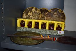 A selection of modern Chinese and similar decorations including Buddha set and an African spear
