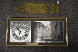 A moulded plaque depicting Sir Robert De Bures and an etched plaque with clock with Edinburgh