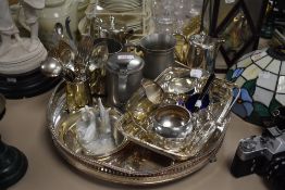 A collection of plated wares and table utensils including large gallery tray, water jugs and