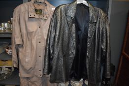 A ladies leather jacket and skirt combo with similar printed 80's styled jacket