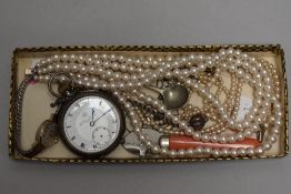 A small selection of costume jewellery including an HM silver pocket watch, simulated pearls etc