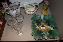 Two pieces of 19th century Majolica pottery, A Royal Crown Derby creamer AF and similar items