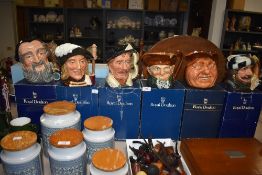 Six Royal Doulton character or Toby style jugs including Merlin and Aramis