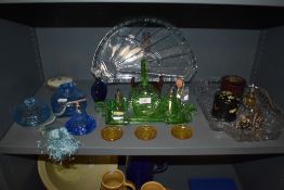 A selection of art deco era dressing table items including glass sets and star burst tray