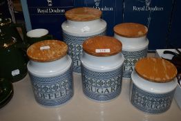 A set of five kitchen storage jars by Hornsea Pottery in the Tapestry pattern.