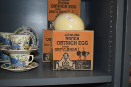 A group of three genuine ranch ostrich eggs, from Greylands, each with original card packaging,