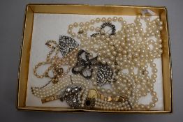 A small selection of costume jewellery including Tissot wrist watch, simulated pearls with silver
