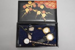 A small Oriental lacquered box containing six vintage watches including Vivax automatic, HM silver