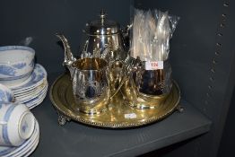 A silver plated part tea service having chase work decoration with footed tray and fish set