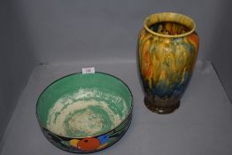 Two art deco era ceramics including Crown Ducal multi colour drip glaze vase