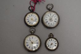 Four small continental silver & white metal pocket watches, all having Roman numeral dials to