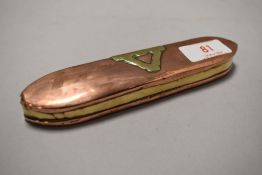A Victorian spectacle case having copper case with brass fitments