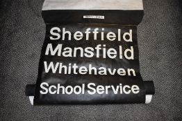 A vintage bus or transportation roller blind for local destinations